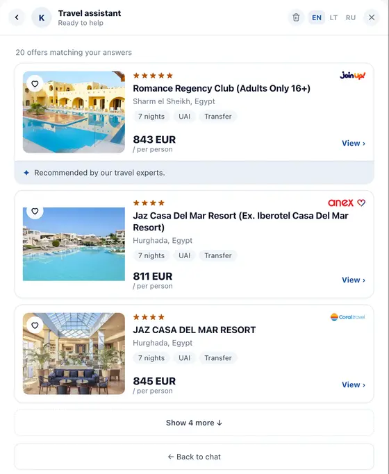 Offers matching the request, shown in the chat right after it is sent: hotels with tour operator, price per person and a link to each.