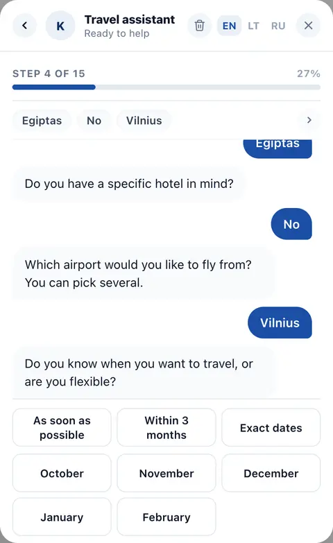 The request wizard: the customer taps through destination, dates and travellers in the chat window.