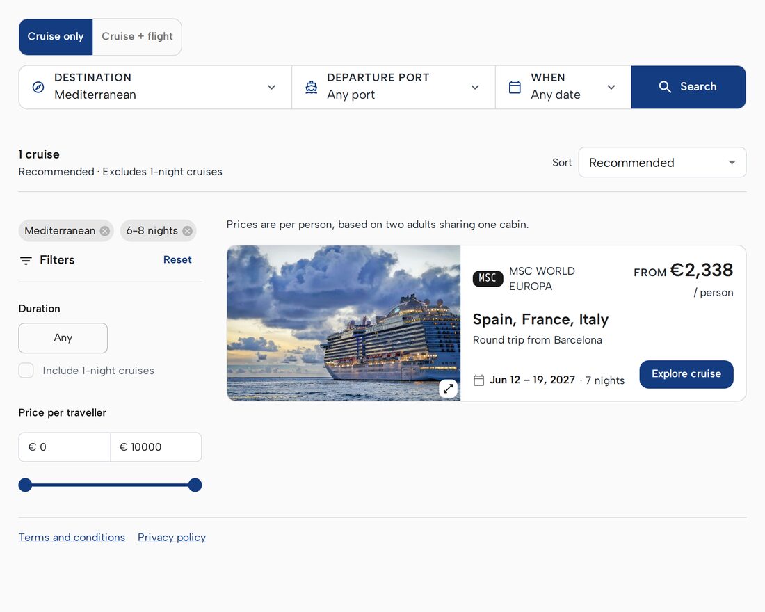 Resultados de búsqueda del widget de reservas de cruceros: travesías de MSC con mapas de ruta, fotos de los barcos y precios por persona.