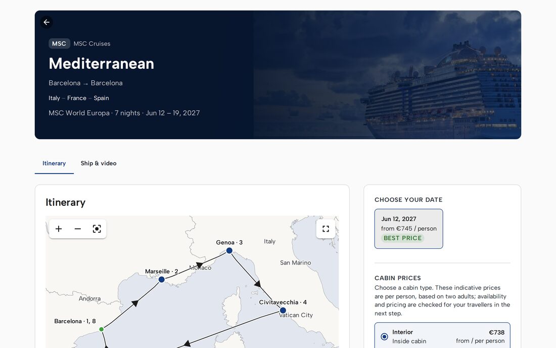 La página de una travesía: el barco y la ruta, el itinerario en un mapa y un panel con la fecha de salida y los precios de los camarotes.