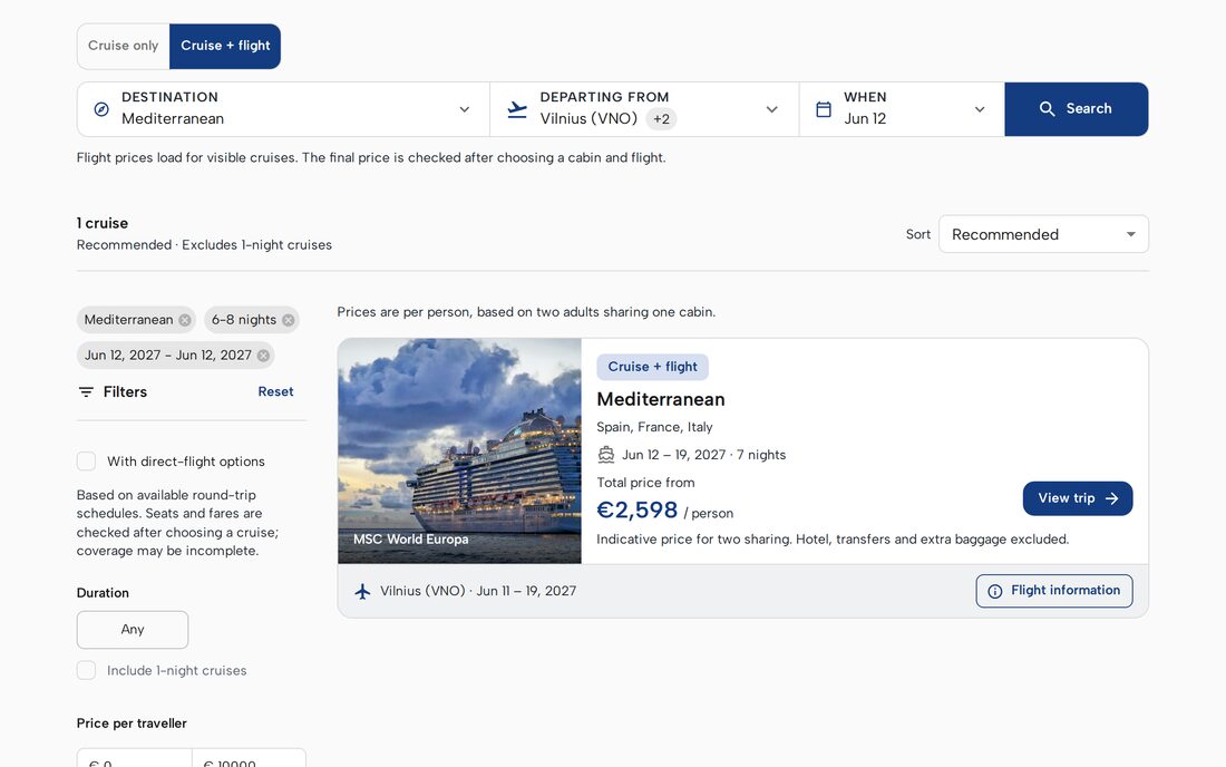 Búsqueda de crucero con vuelo por destino, aeropuerto de salida y fecha, con una travesía que encaja, su precio por persona y su vuelo debajo.